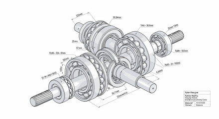 Exploded view of a bicycle bottom bracket with dimensions.