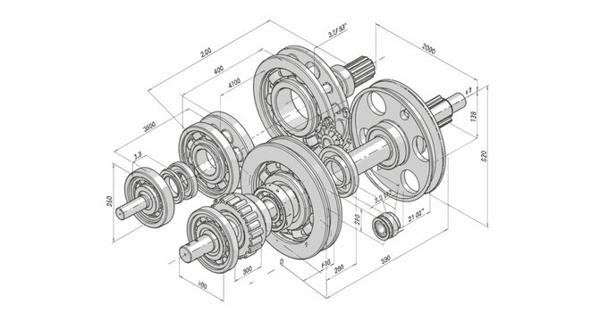 Detailed exploded view of a complex industrial gearbox assembly showing internal components and dimensions.