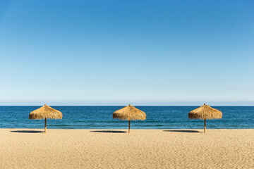 Parasols spread out on the blue sea