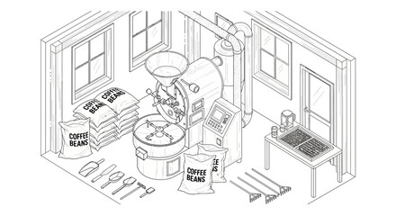 Isometric illustration of a coffee roasting setup with bags of beans and equipment