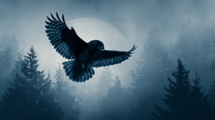 Fototapeta premium A nocturnal scene with a large owl in flight against a full moon, silhouetted by misty evergreen trees