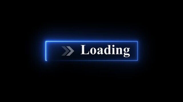Neon loading button animation on black background with glowing arrows pointing right, futuristic progress indicator, modern UI navigation element, bright neon interface symbol for web and app screens