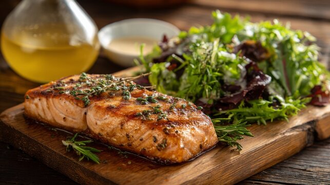 Delicious grilled salmon fillet served on a wooden board with fresh green salad and olive oil for a healthy gourmet dining experience