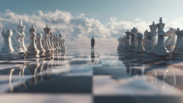 A solitary silhouette stands center on a glassy chessboard amid towering pieces and sky above today