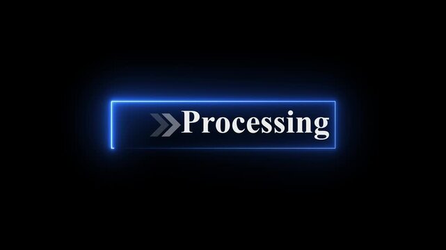 Neon processing button animation on black background with glowing arrows pointing right, futuristic loading indicator, digital process UI element, bright neon interface symbol for apps and websites