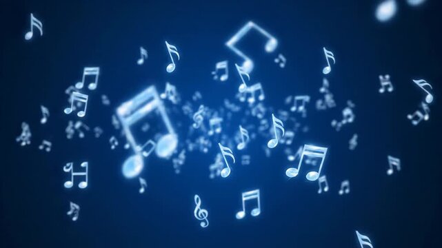 Abstract glowing music notes symphony, sound of melody and harmony, note rhythm clef audio, evoking wonder and creativity in dark blue space