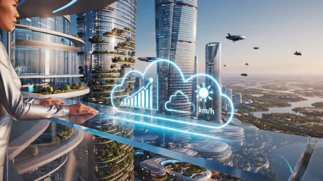 Futuristic Cityscape with Cloud Computing Integration A Vision of Smart Infrastructure and Technological Advancement, Highlighting Data Analysis