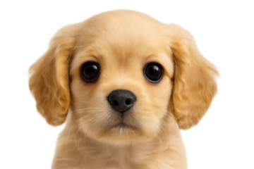 Golden cocker spaniel puppy headshot with cute big eyes. Adorable young dog looking at camera on transparent background