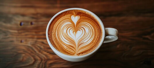 Artistic close up of a latte with heart shaped foam in a white cup on a rustic wooden table