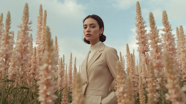 Elegance Amidst Nature: A portrait of a woman of grace and composure stands amidst a field of tall, delicate plants, her gaze fixed with a serene intensity.