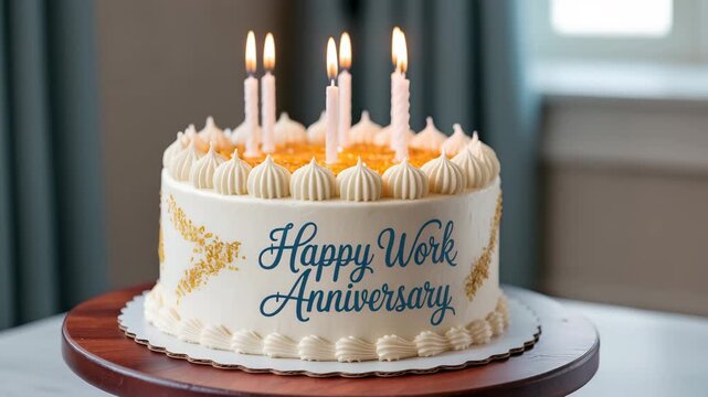 Celebrate work anniversaries with a beautifully decorated cake and glowing candles creating a memorable celebration