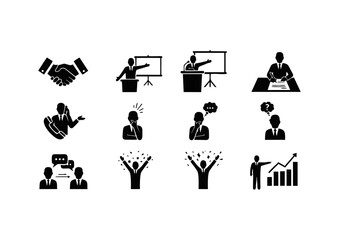 Fototapeta premium A comprehensive set of flat vector icons depicting various business concepts like meetings, presentations, negotiation, and success