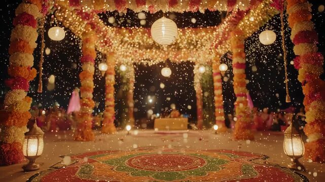 Indian Wedding Mandap: Floral Decorations, Lanterns, and Festive Atmosphere