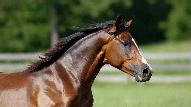 Majestic Chestnut Horse Galloping Gracefully Through a Sunny Meadow.