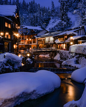 Night View of Snow-Covered Ginzan Onsen in Obanazawa City, Yamagata