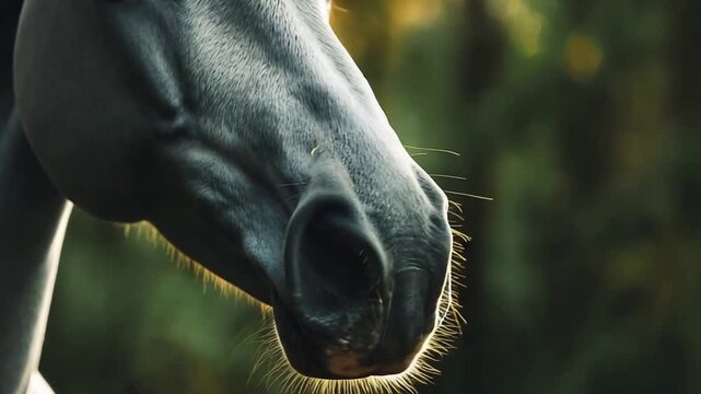 Majestic horses muzzle highlighted by golden hour sunlight in a forest.