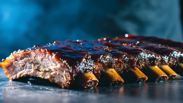 Succulent Glazed Pork Ribs with Sweet BBQ Sauce Dripping Down.