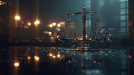 Elegant brass scales of justice reflecting in shallow water at a dimly lit courtroom, symbolizing law, balance, and fairness in the judicial system