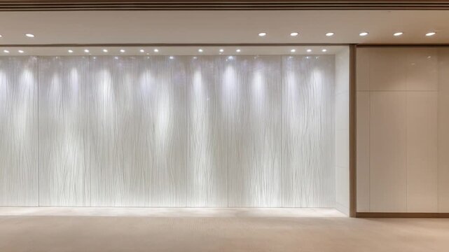A modern interior with a textured white wall illuminated by spotlights and a light floor