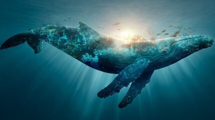 A surreal digital art piece depicting a whale with an ocean ecosystem overlay, creating a striking contrast
