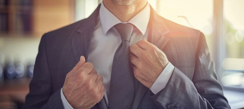 Confident businessman in formal suit adjusts tie before crucial meeting, showcasing professionalism