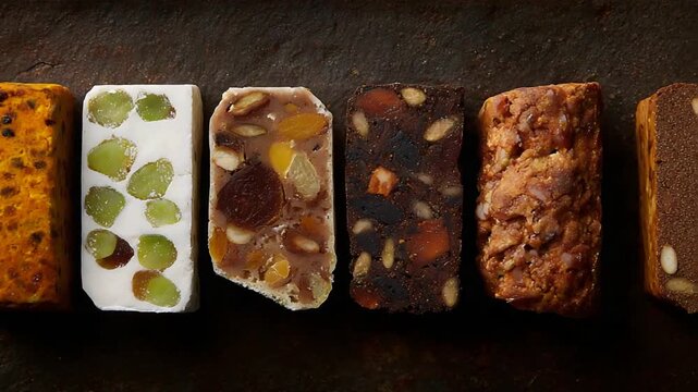 A Row of Delicious Baked Goods Featuring Nuts and Dried Fruits.