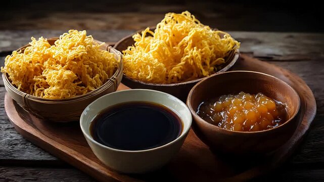 Delicious Asian Noodle Dish with Savory Sauce and Sweet Topping.