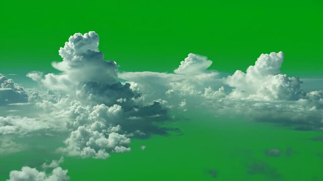 Vibrant green screen captures fluffy cumulus clouds drifting peacefully, white atmosphere of nature and weather, evoking endless possibility