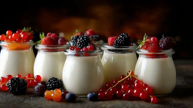 Refreshing Yogurt Parfaits Topped with Fresh Berries in Glass Jars.