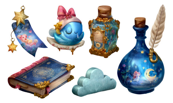 Whimsical Dream Library with Enchanting Artefacts in Watercolor Illustration