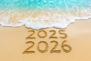 2025 2026 written in golden sand with turquoise ocean waves washing shore. Happy New Year 2026 tropical celebration background