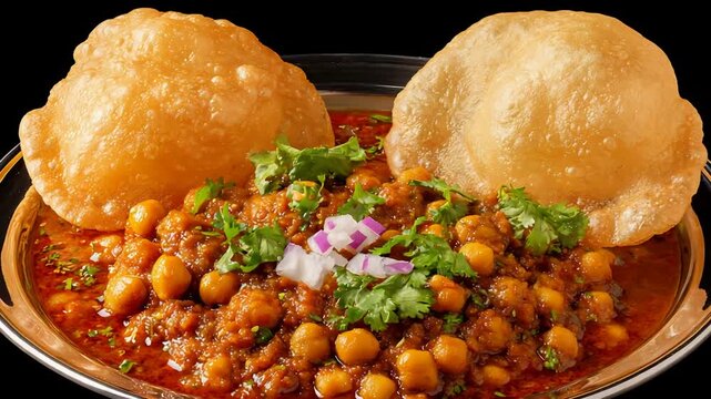 Delicious Indian Chickpea Curry with Golden Fried Bread and Fresh Cilantro.