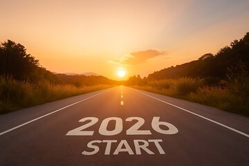 Happy new year 2026,2026 symbolizes the start of the new year. The letter start new year 2026 on the road in the nature route roadway sunset tree environment ecology or greenery wallpaper concept.