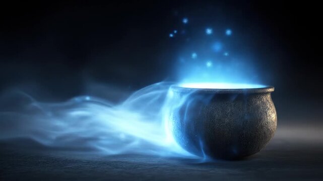 A mystical scene featuring a cauldron emitting bright, ethereal blue light and swirling smoke in the dark