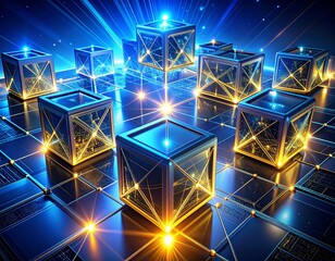 Futuristic digital network with luminous abstract data cubes representing interconnected technology, innovation, and advanced computational systems in a virtual landscape