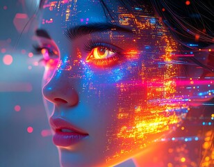 Digital future Woman's face illuminated by vibrant neon data streams, representing artificial intelligence and cybernetic integration