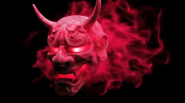 A red demonic mask with glowing eyes and horns, emerging from fiery red smoke against a black background
