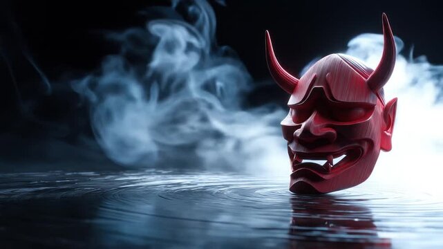 A red Oni mask sits above rippled water with smoke in the background, a dark, moody environment