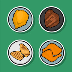 A variety of cooked meat dish stickers served on a plate