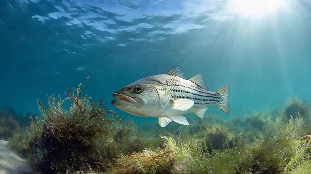 Majestic striped bass glides through sunlit underwater kelp forest.
