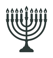 Menorah vector silhouette, nine-branched candelabrum with burning candles, simple black line art — stock vector