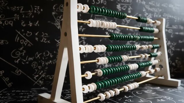 An abacus with green and white beads against a chalkboard with scribbled mathematical equations