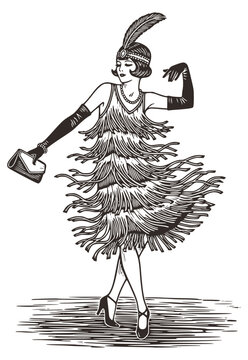 Vintage sketch of a flapper woman dancing in a fringed dress, long gloves, and feather headband. Retro 1920s illustration of a stylish lady ready for a party. Roaring Twenties fashion vector.