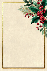 Elegant Winter Holiday Frame: Holly Berries & Gold Border on Cream Paper