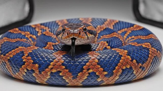 Striking blue and orange snake coils, moves, and strikes with hypnotic grace in a captivating wildlife video clip