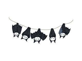 Five cute cartoon bats hanging on a line with playful expressions.