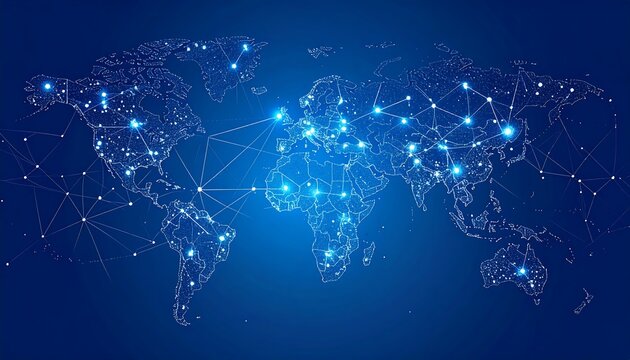 A digital map of the world rendered in blue, with interconnected nodes, lines, and subtle illumination, showcasing global connectivity