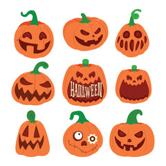Set of carved Halloween pumpkins with various spooky expressions.