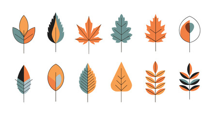 Obraz premium A collection of stylized autumn leaves featuring modern geometric patterns and a warm orange and teal color palette.