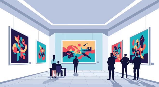 An illustration of visitors viewing colorful abstract paintings at a modern art gallery exhibition event.
